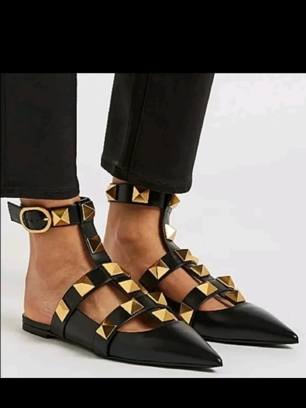 Valentino Black Leather Pointed Flats with Gold Pyramid Studs